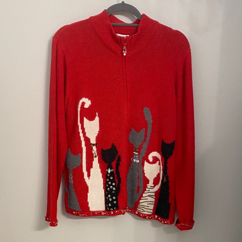 Coldwater Creek Vibrant Red Cat Design Cardigan